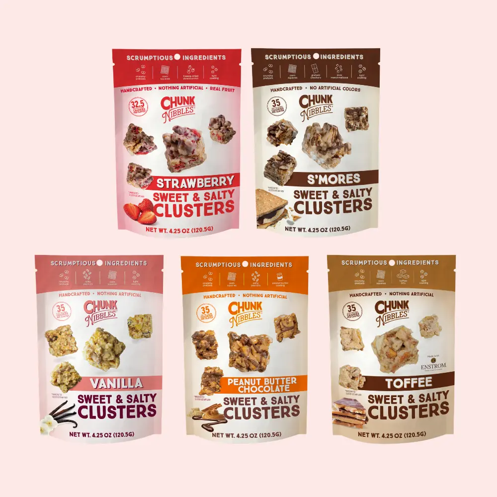Chunk Nibbles Snack Clusters Snack Bundle | 5 Unique Flavors - Peanut Butter Chocolate, S'mores, Vanilla, Toffee, Strawberry | 4.25oz Bags | Sweet & Salty Cluster Bites