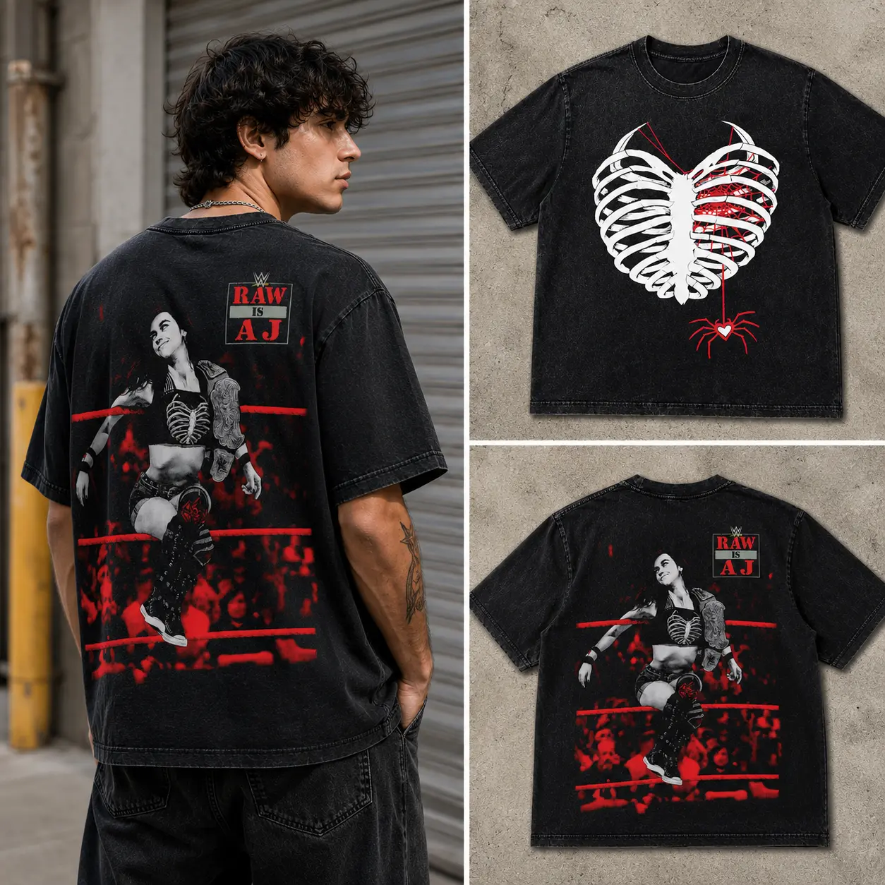 Men's WWE RAW AJ Lee Graphic Washed Black Oversized Short-Sleeve Ribbed Aesthetic T-Shirt, Casual Streetwear Tops Garment