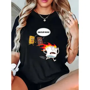 Women's Black T - Shirt Cartoon S'mores "Group Hug" Flaming Marshmallow Graphic – Casual Summer Camping Tee for S'mores Enthusiasts 100% Cotton T-shirt
