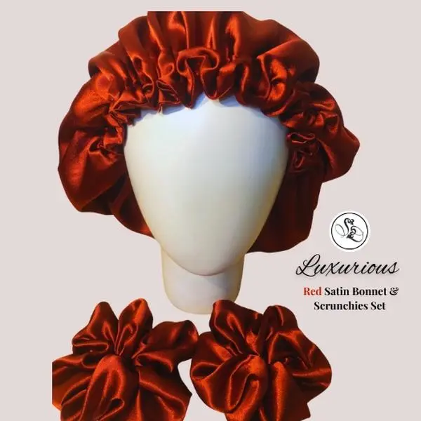 Luxurious Red Satin Bonnet & Scrunchies Set by Sheridonna Designs