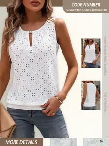 Summer Trendy Chic Metal Buckle V Neck Sleeveless Tank Top, Hollow-Out Embroidered Breathable Commuter Vest, Sexy Fitted Short Blouse