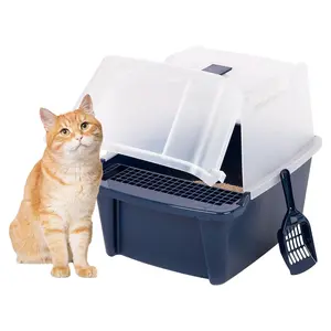 IRIS USA Covered Cat Litter Box, Enclosed Hood Split Top Entry Flap, Scoop, Navy