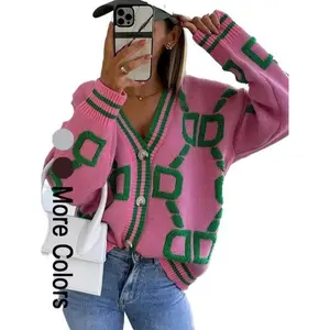 Luckystarscloset Women's Colorblock Contrast Binding Button Front Cardigan, Casual Wear Drop Shoulder Long Sleeve V Neck Cardigan Sweater for Spring & Fall, Ladies Knitwear for Daily Casual Wear Womenswear Tops Knitting Bridal Fitted Pink