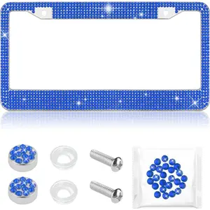 Bling Diamond License Plate Frame,Universal Stainless Steel License Plate Holder Fits U.S. Standard 2 Holes Model,Sparkle License Plate Frames Bling Car Accessories for Women (Blue)