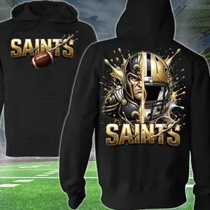 Saints Football 2 Sided Hoodie, Gold Man Football Player Sweatshirt, Sports Apparel, Gold & Black Helmet Pullover Classic T-shirt, Graphic Printed Streetwear Top, 100% Cotton, Gift For Fans