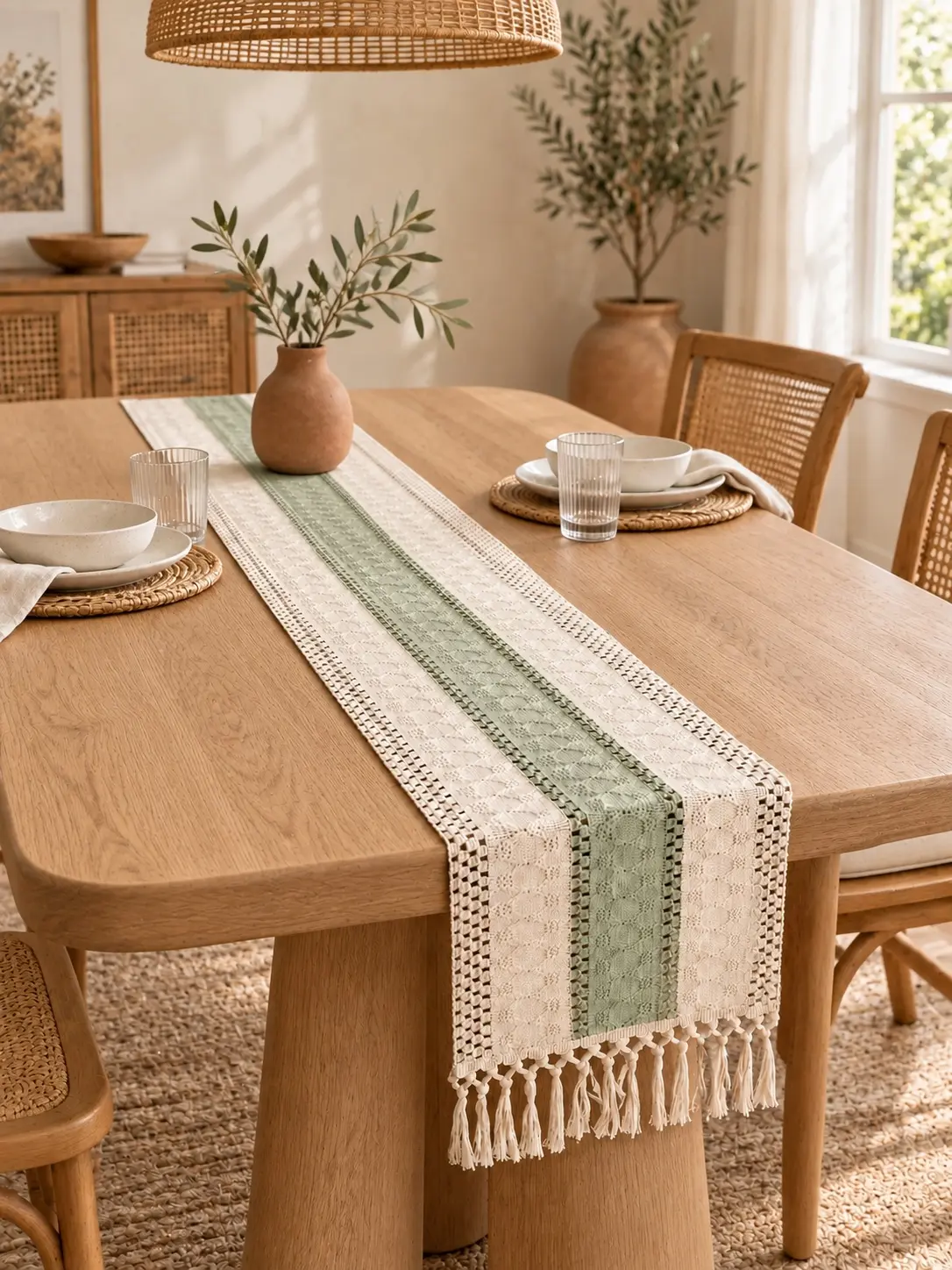 Boho Crochet Lace Table Runner with Tassels, Polyester Farmhouse Dining Table Decor