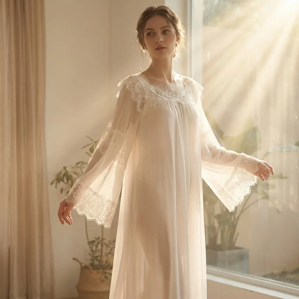 Women’s lace vintage Victorian nightgown, long-sleeved sleepwear nightdress, women’s soft all-season robe, lightweight one-piece loungewear bathrobe, loose, cozy sleep robe for everyday indoor wear, comfortable women’s all-season bathrobe, relaxed fit one