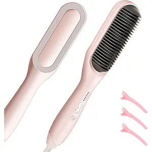 Hair Straightener Brush-Ionic Hair Brush for Women with 5 Temp Settings,Fast Heating & Dual Voltage Straightening Comb,Anti-Scald & Auto-Shut Off (Pink)