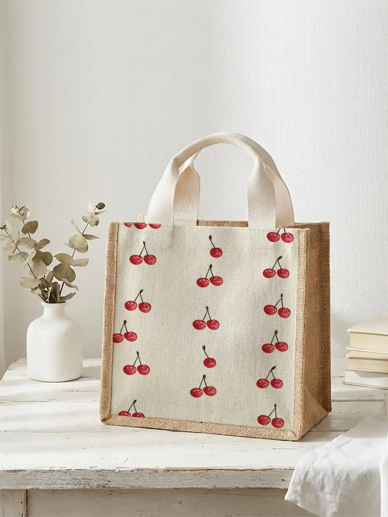 Cherry Pattern Handbag Portable Cherry Print Lunch Bag, Large Capacity Tote for Women, Casual Picnic and Camping Food and Drink Storage