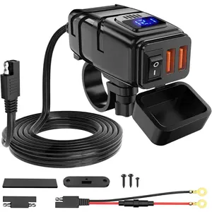 Motorcycle Charger with 12V Voltage Meter Independent Switch SAE USB Adapter Built-in 10A Fuse Waterproof 6.8A Dual QC3.0 Fast Charging for Tablets Suitable for 7/ 8inch Handlebar ATV Port Equipment Installation Hand Gesture LED Installation Motorcycle