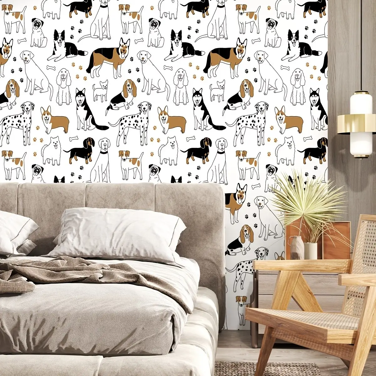 Dog Breed Print Peel and Stick Interior Wall Wallpaper, Cute Puppy Pattern, Removable Self-Adhesive Vinyl, Pet Lover Decor for Bedroom, Nursery & Pet Room