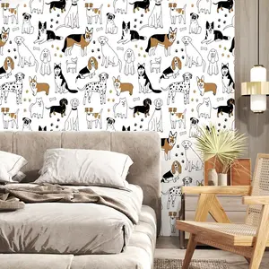 Dog Breed Print Peel and Stick Wallpaper, Cute Puppy Pattern, Removable Self-Adhesive Vinyl, Pet Lover Decor for Bedroom, Nursery & Pet Room