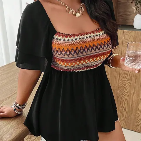 Women's Plus Size Chic Pleated Square-Neck Blouse, Aesthetic Tribal Geometric Pattern Shirts with Flared Sleeves and Ruffled Hem, Fashion Trendy Boho Bohemian Top for Beach Vacation, Elegant Colorblock Top