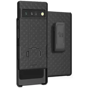 Case with Clip for Google Pixel 6 Pro, Nakedcellphone Slim Hard Shell Phone Cover with Kickstand and [Rotating/Ratchet] Belt Hip Holster Combination - Black Tread
