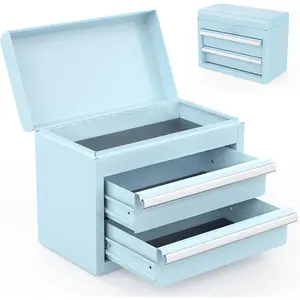 Mini Metal Tool Box with 2 Drawers and Top Storage, Small Tool Chest with PVC Liners and PP Feet Pads, Cold Rolled Steel Toolbox with Magnetic Tab