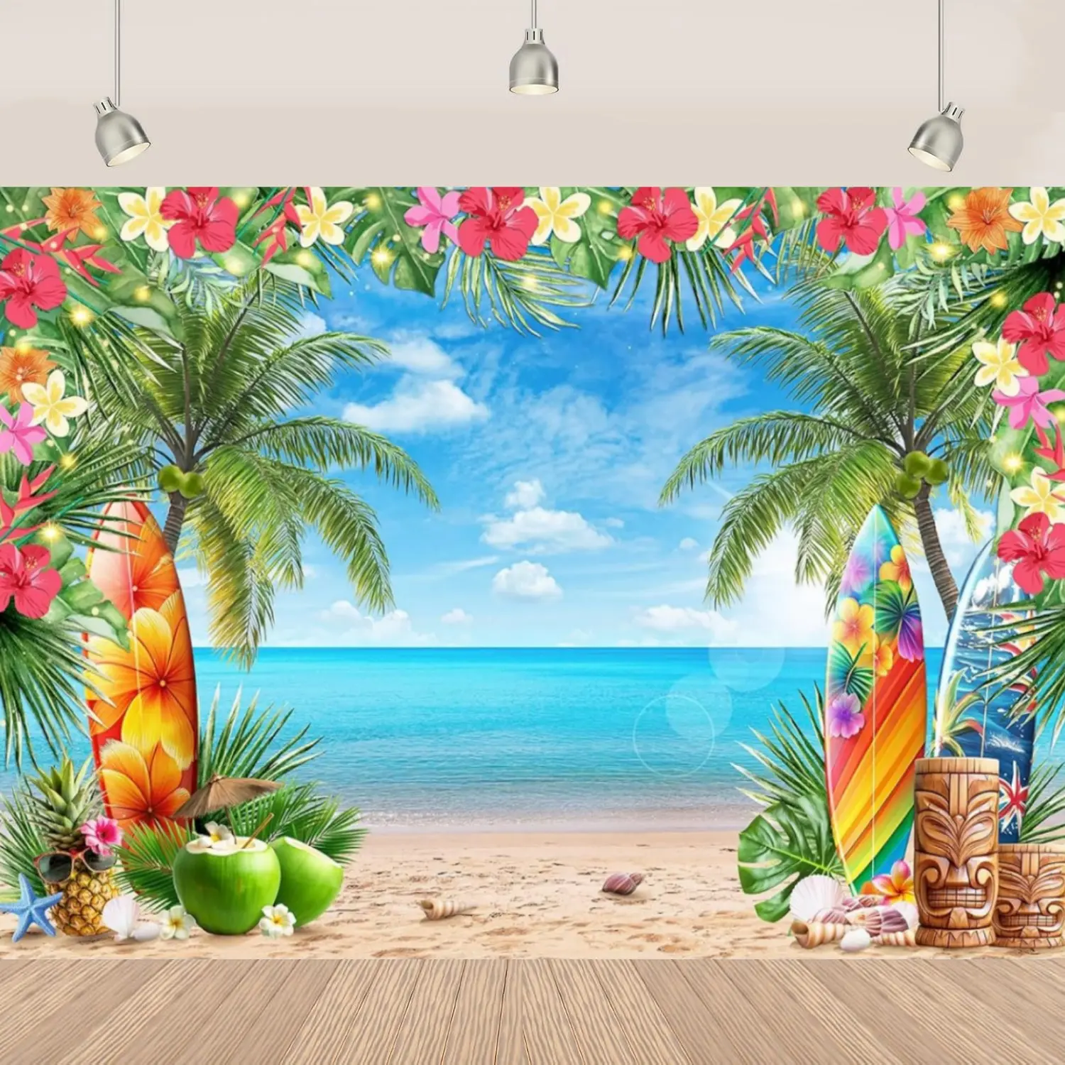 Tropical Beach Photography Backdrop Hawaiian Luau Party Decoration Tiki Bar Surfboard Background Summer Seaside Palm Trees Coconut Pineapple Banner Aloha Birthday Photo Booth Prop Floral Ocean Scene Studio Wall Decor Photoshoot Backdrops