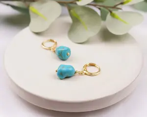 Blue Turquoise Stone Beaded Earrings, Dangle Drop Earrings, Hoop Earrings