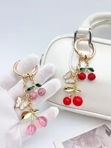 Elegant Bow Travel Keychain Pendant, Artificial Crystal Cherry Oil Drop Decoration, Cute Y2K Style, Holiday Gift, Bag Accessory