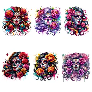 6pcs Mexican Day of the Dead Heat Transfer Stickers, Washable Vinyl DIY Decals for Clothing, T-Shirts, Hats, Shirts, Halloween, DIY Flower Decor