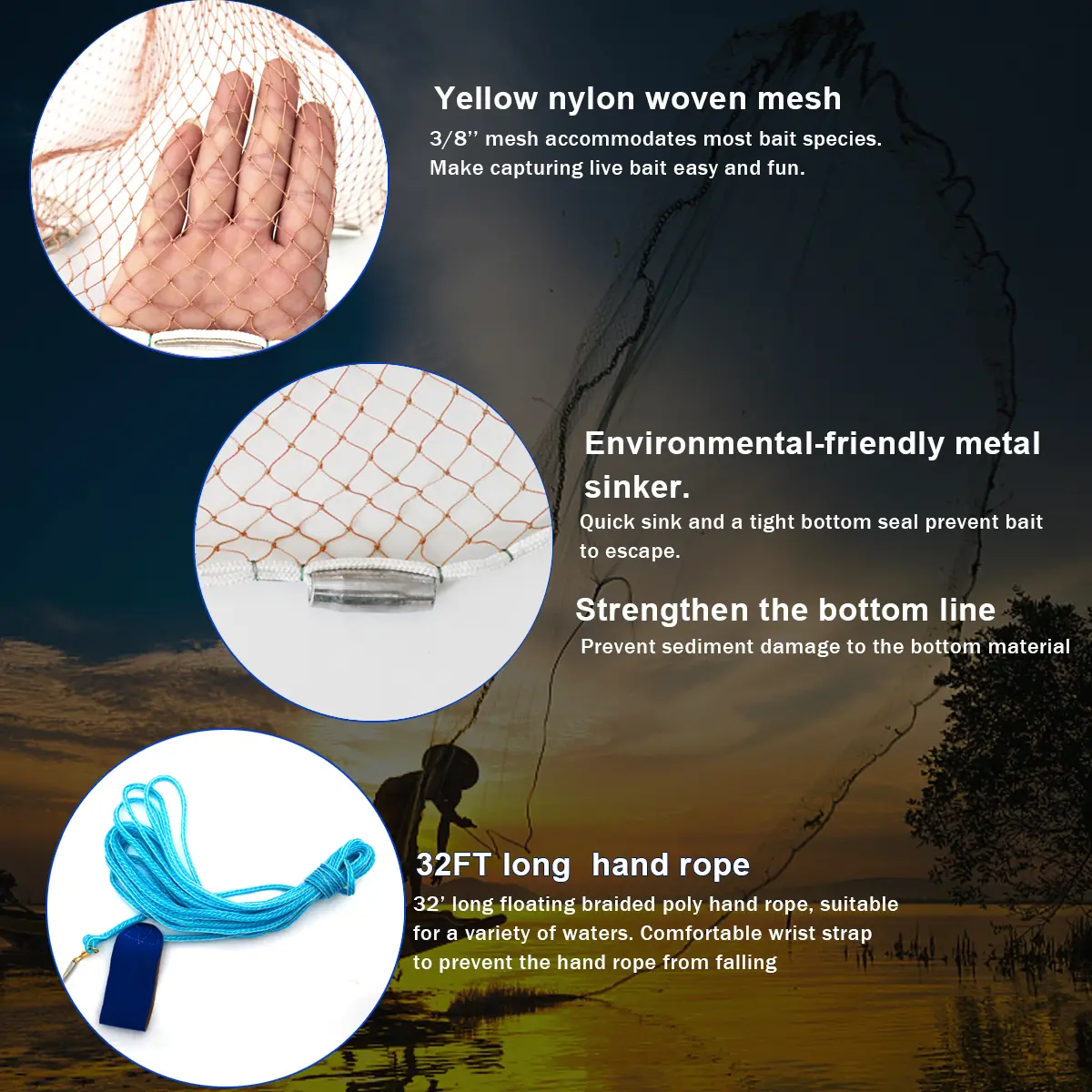 Saltwater Fishing Cast Net 3/8 inch Mesh Tire Lines 1lb/FT Size for Bait Shrimp Trap Fish Heavy Duty Sinkers Throw Net 4FT/5FT/6FT/7FT/8FT/ Radius - TikTok Shop Saltwater Fishing Cast Net 3/8 inch Mesh Tire Lines 1lb/FT Size for Bait Shrimp Trap Fish Heavy Duty Sinkers Throw Net 4FT/5FT/6FT/7FT/8FT/ Radius - TikTok Shop