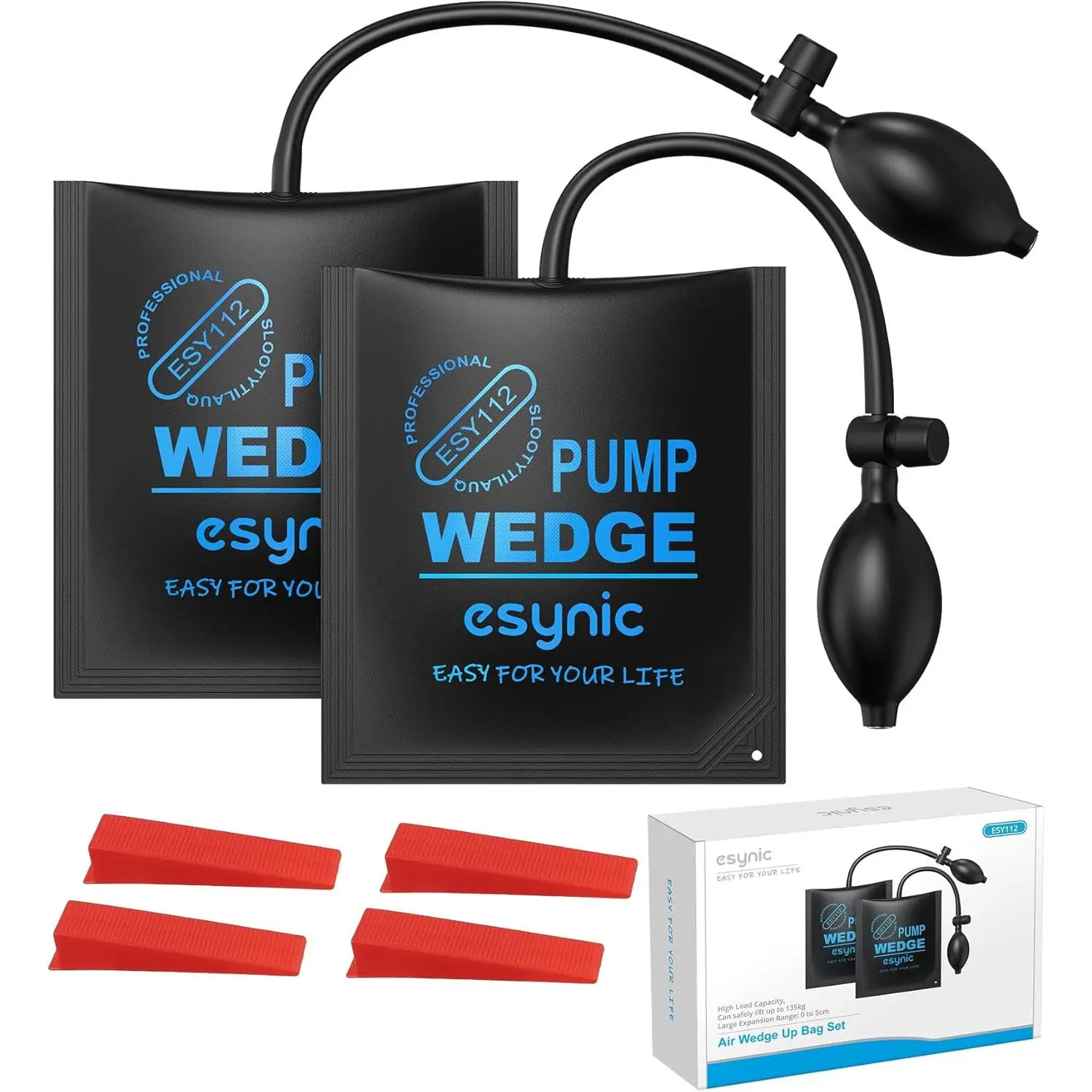 eSynic 2-Pack Air Wedge Bags-300LB/136KG Capacity Anti-Slip Air Bags for Lifting Tools with 4 Wedges-Heavy-Duty Durable Inflatable Air Shim Set for Door/Window/Furniture Installation