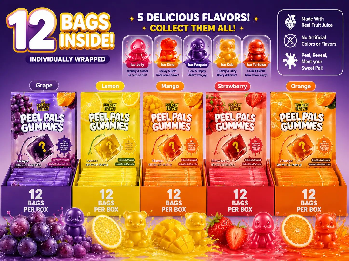 Peel Pals Gummies Party Size Box 12 Individually Wrapped Bags Real Fruit Juice Gummies Collectible Characters 5 Flavors Grape Lemon Mango Strawberry Orange