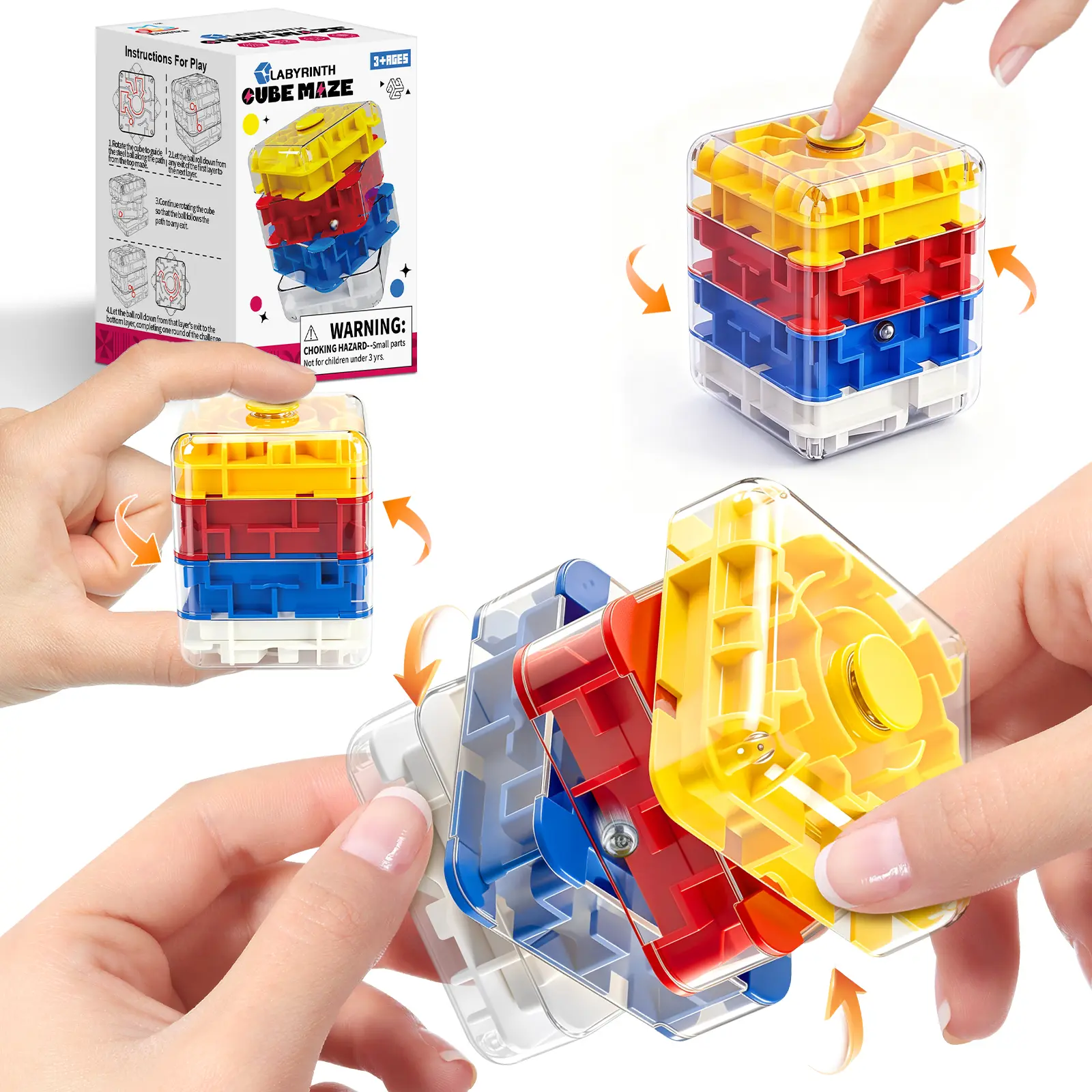 Large 4-Step 3D Ball Maze Puzzle Cube Labyrinth - Unisex Silent Bearing Lightweight Pocket-Size Stress Relief Fidget Toy, Brain Teaser That Helps ADHD, Improves Creativity, Great for Travel