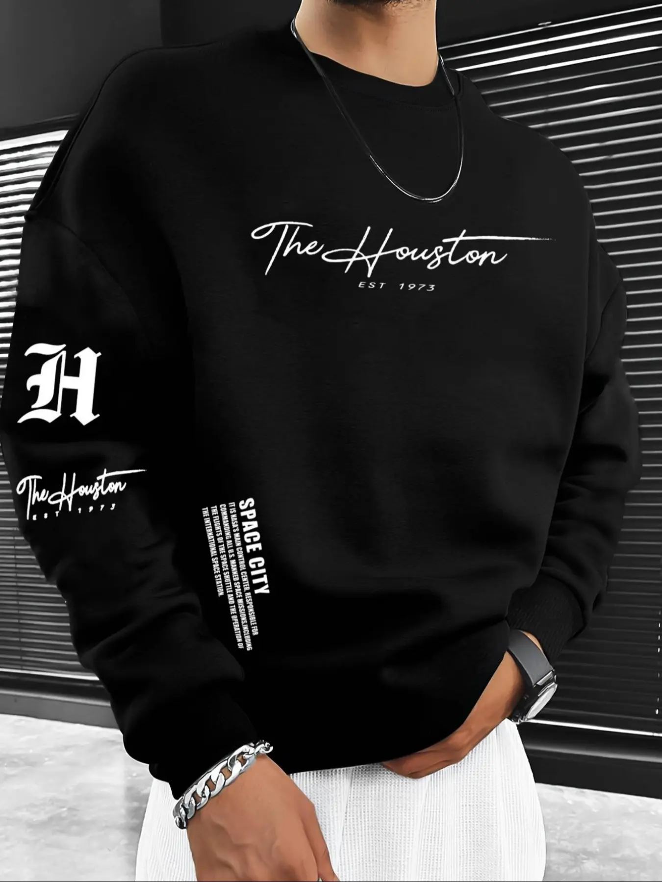 Men's Letter Pattern Fleece Lined Round Neck Fitted Long Sleeve Pullover Sweatshirt, Fall & Winter Casual Classic Versatile Top, Men's Clothing