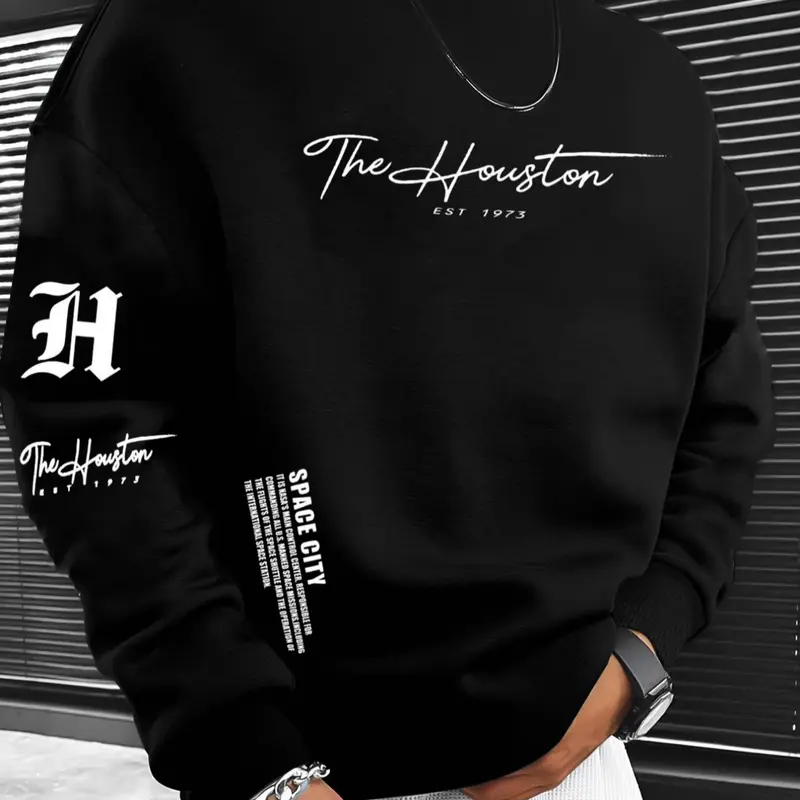 Men's Letter Pattern Fleece Lined Round Neck Fitted Long Sleeve Pullover Sweatshirt, Fall & Winter Casual Classic Versatile Top, Men's Clothing