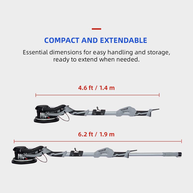 Garvee Drywall Sander PDS01 800W Electric Motor 6.6ft Dust Hose Variable Speed 800-1800RPM LED Light Extendable & Foldable Handle Carrying Bag