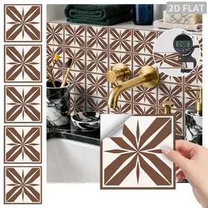 24PCS/Box FHZ Classic Art Tile Brown White Starburst Geometric Peel and Stick Wall Sticker, PET Matte Waterproof Oil-Proof Tile for Kitchen Backsplash Bathroom Furniture