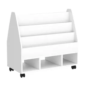 Double Sided Mobile Bookcase Display Stand,4-Shelf Wood Open Book Shelf with 3 Cube Units, Sling Storage Bookshelf Wide Magazine Shelf for Offices, Library,Schools,White