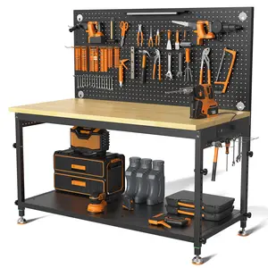 CAMMOO 48-60" Work Bench Adjustable Height with Storage Shelf, Max Load 2000 LBS Heavy Duty Rubberwood Tabletop with Pegboard, LED Light, Built-in Power Strip for Woodworking Shop, Garage, Home