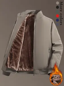 Men's Solid Color Zip Up Thermal Lined Fleece Jacket Regular Fit Casual Long Sleeve Zip Front Outerwear for Fall & Winter Men's Clothes for Daily Wear