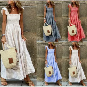Women's Summer Vintage Plaid Pleated Maxi Dress with Spaghetti Straps, Ruffled Long Casual Sleeveless Flowing Evening Dress, Fashionable Basic Style with Pockets, Cute and Elegant Sky Blue Spring Dress