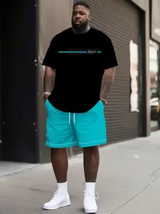 Men's Plus Size Sportswear Set, Round Neck Short Sleeve Tee & Shorts, Full Print Design, Comfortable Breathable Summer, Athleisure Wear Set