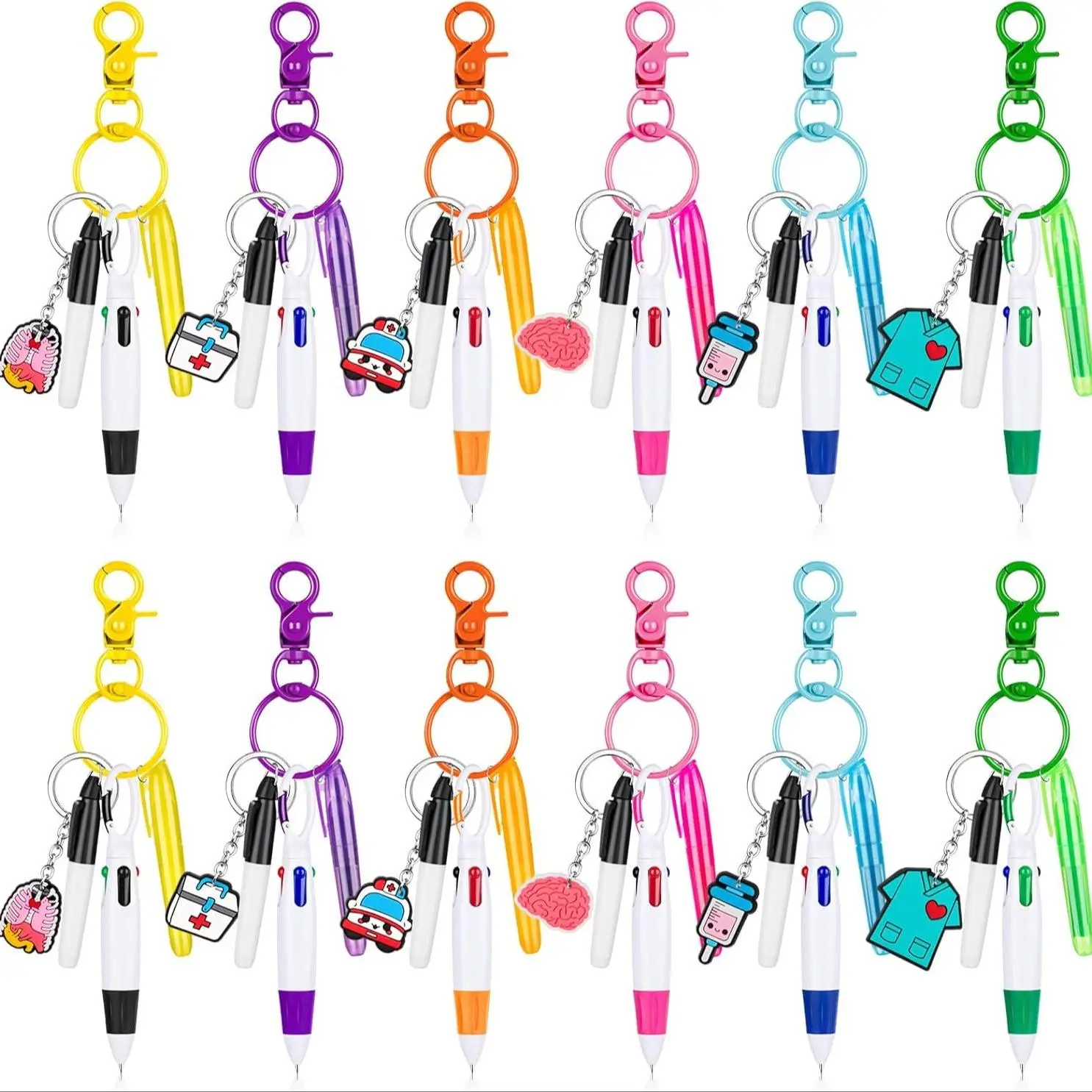 Mini Highlighter Nurse Pens, Nurse Creative Stationery, 1 Set Including 1 Tip Highlighter & 1 Permanent Marker Pen & 1 Retractable Ball Pen with 1 Nursing Keychain Clip, Nursing Students