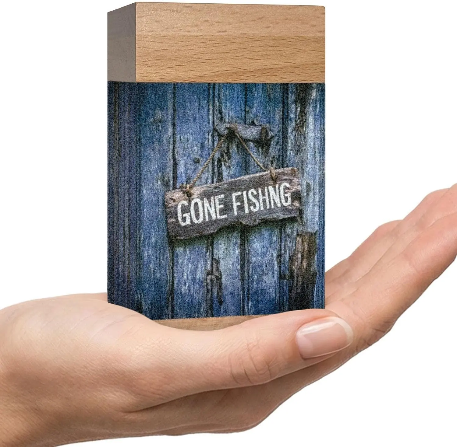 Wooden Urn for Ashes Adult Male or Female Small Keepsake 'Gone Fishing' Cremation Memorial Handcrafted Wood Funeral