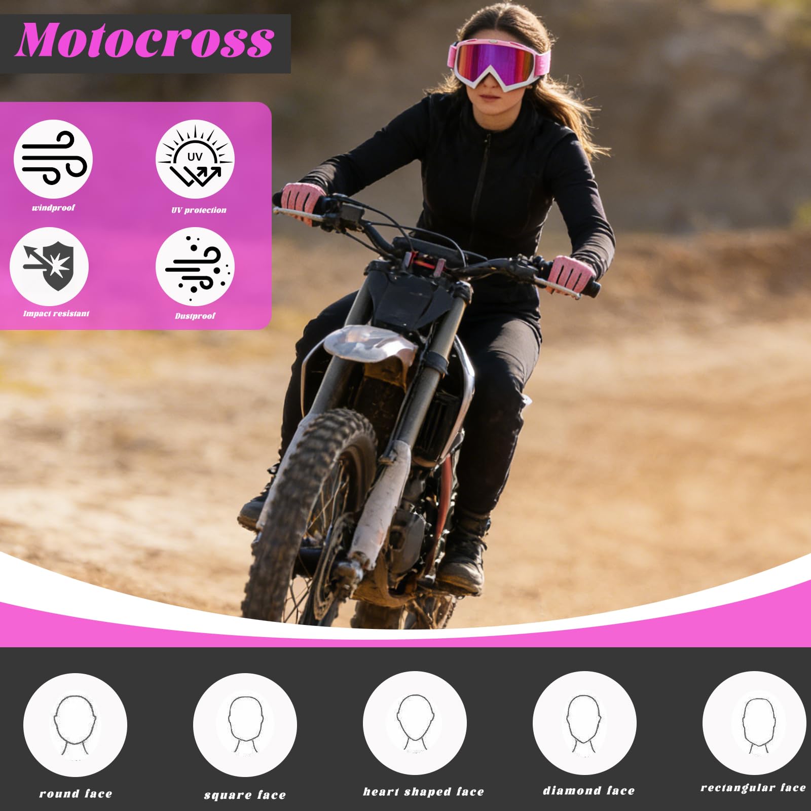 Pink Aesthetic Ski Goggles, UV Protection Anti-Fog Snowboard Goggles, Wide View Motocross Goggles For Women Teenagers Adult