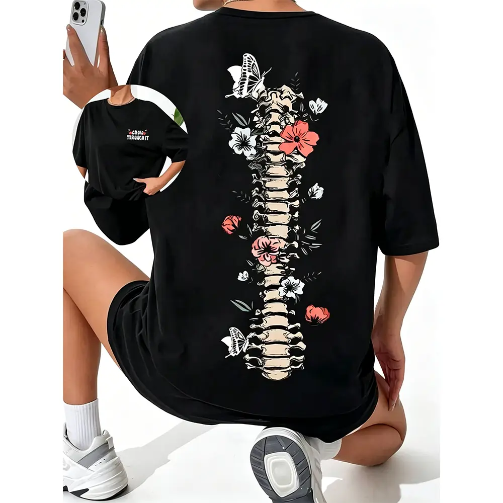 Women's Graphic Drop Shoulder Fit Tee, Fashion Skeleton & Floral Print Half Sleeve T-shirt, Chic Casual Streetwear Summer Tee Shirts, Going Out Tops 2000s, Graphic Tees Women, Casual Comfy Tee, Womenswear