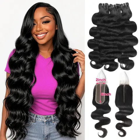 ONEMORE Upgrade 15A Body Wave Bundles With Closure 2x6 Lace Closure Virgin Human Hair Bundles With Closure Quick Weave Extensions Extensions