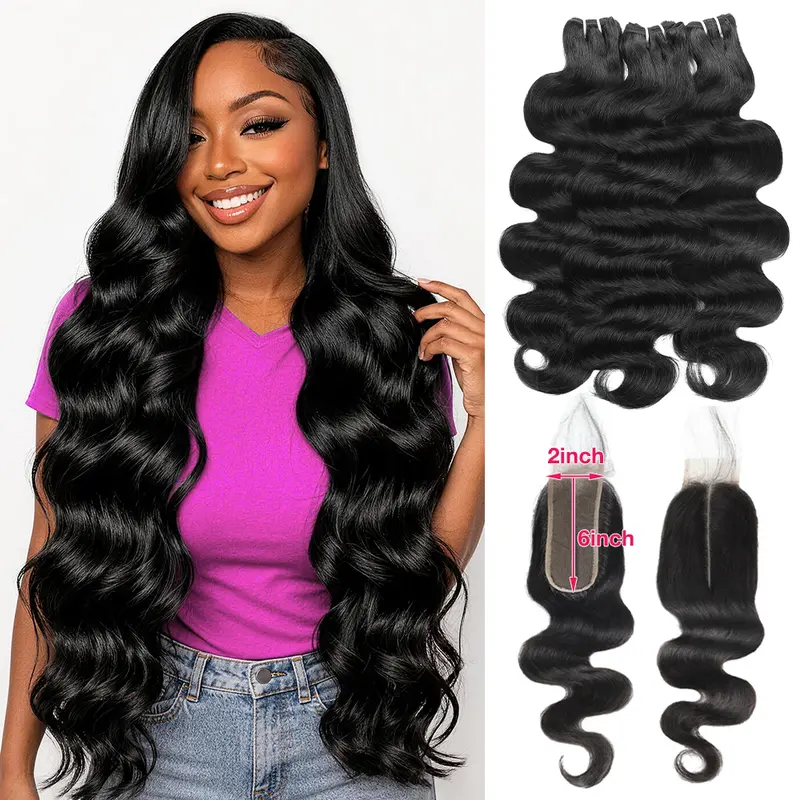 ONEMORE Upgrade 15A Body Wave Bundles With Closure 2x6 Lace Closure Virgin Human Hair Bundles With Closure Quick Weave Extensions Extensions