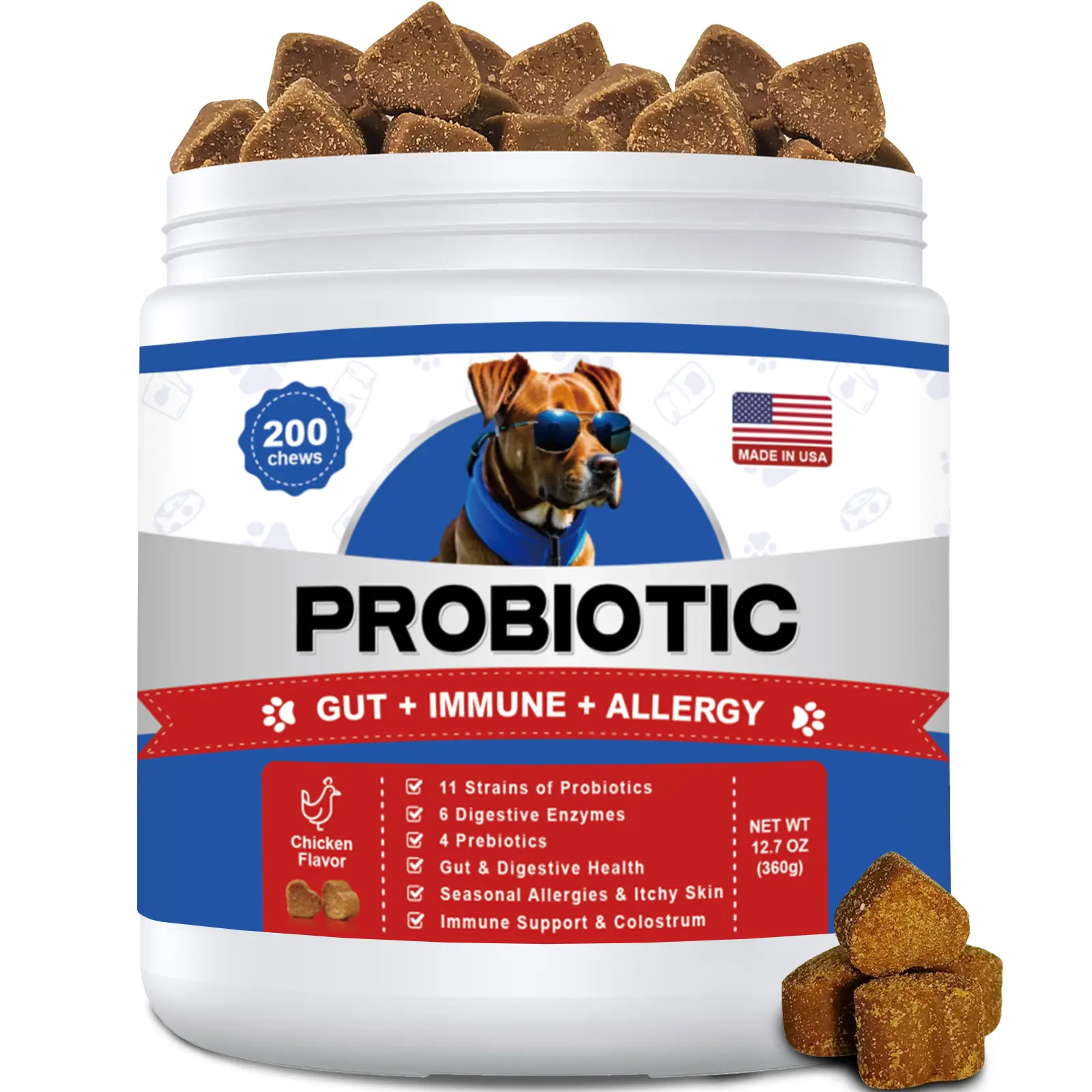 Probiotics Soft Chews for Dogs, 11 Strains of Probiotics for Digestive & Gut Health and Seasonal Allergies – Tasty Chicken Flavor – 200 Count
