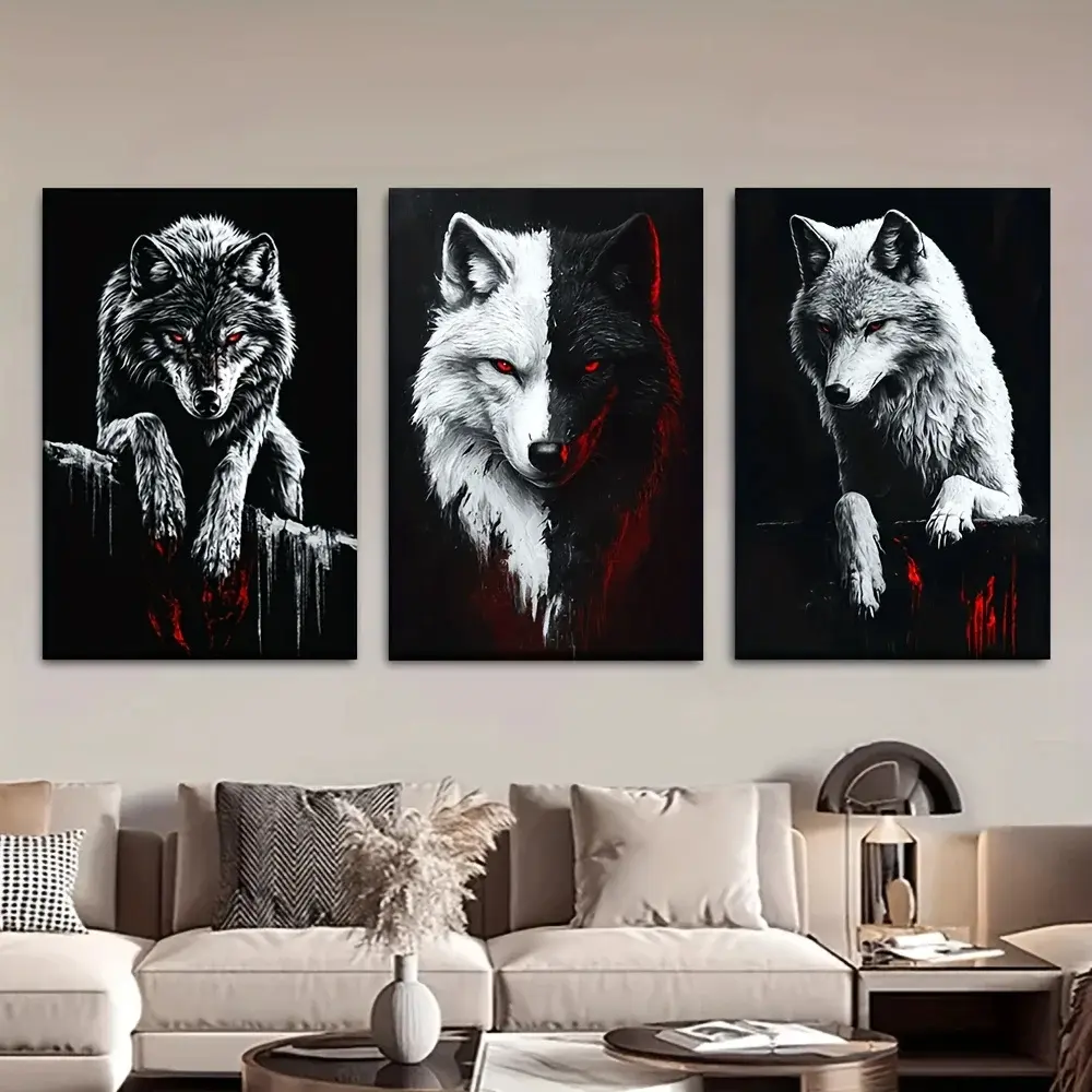 3pcs/Set, Canvas Painting For Home--Unframed, Black Wolf And White Wolf, Modern Abstract Design, Modern Cool Design, Posters And Prints, Living Room, Library, Office, Cafe, Bar, Art Wall Decoration, Artistic Indoor Decoration