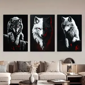 3pcs/Set, Canvas Painting--Unframed, Black Wolf And White Wolf, Modern Abstract Design, Posters And Prints, Living Room, Library, Office, Cafe, Bar