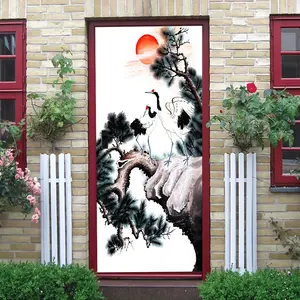 2pcs Chinese Style Pine Crane Longevity Wall Sticker New Chinese Living Room Decorative Sticker Self Adhesive Removable Landscape Crane Decal Bedroom Study Background Wall Decoration Spring Festival Hous