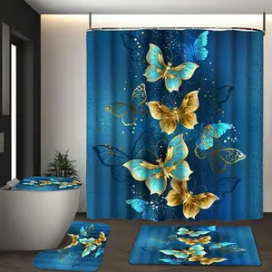 Butterfly Pattern Bathroom Decor Set, 1 Shower Curtain & 1 Toilet U-shape Mat & 1 Rectangular Mat & 1 Toilet Lid Cover, Bathroom Accessories, Shower Curtain Sets