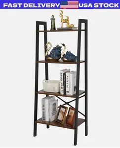 4-Tier Durable Bookcase Bookshelf Leaning Wall Ladder Shelf Storage Display