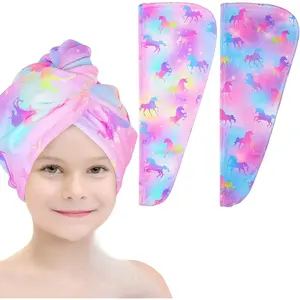 Microfiber Hair Towel Wrap for Kids 2 Pack Rapid Drying Hair Towel with Button Hair Turbans for Wet Hair Wraps Head Towel Wrap for Women and Girls, Colorful Unicorn