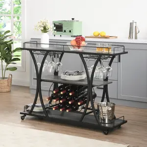 Industrial Bar Cart, Rolling Serving Cart with Wine Racks & Glass Holder, 3 Tier Shelf Wooden Metal Liquor Tea Barcart Trolley on Wheel for Home, Black+ Gray